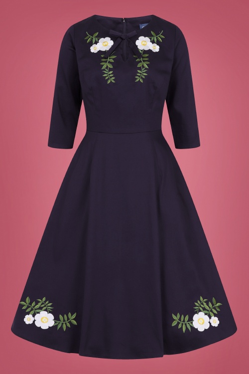 Collectif Clothing - 50s Rossella Camelia Swing Dress in Navy 2