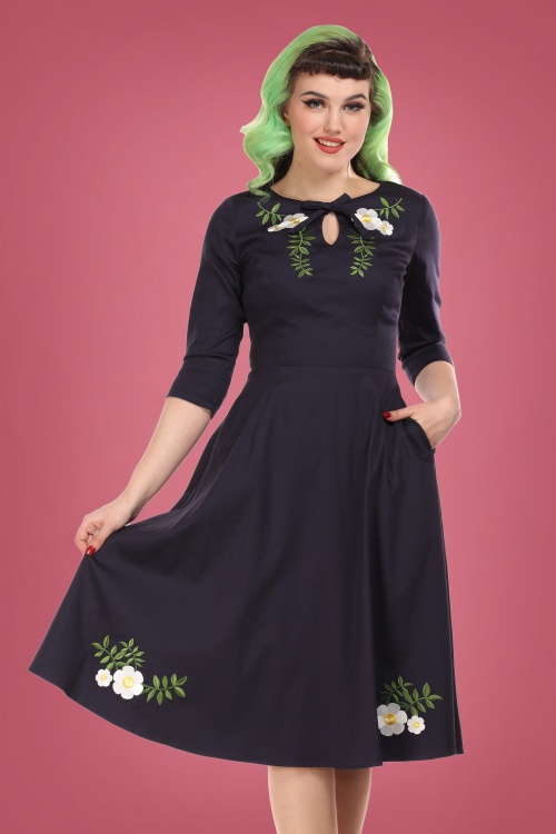 Collectif Clothing - 50s Rossella Camelia Swing Dress in Navy