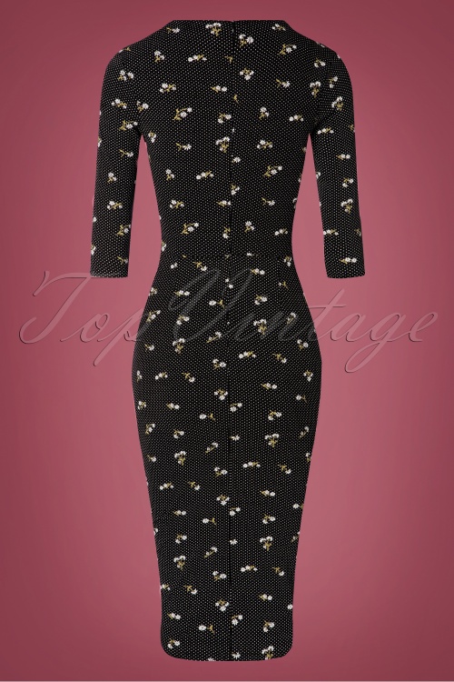 Topvintage Boutique Collection - 50s Gianna Floral Dots Pencil Dress in Black 3