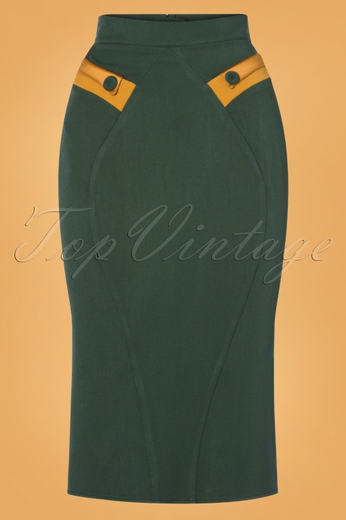 Miss Candyfloss - 50s Eszter Satin Pencil Skirt in Green and Mustard