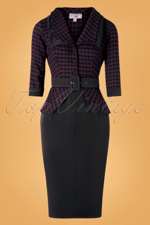 Miss Candyfloss - 40s Capucine Lou Pencil Dress in Black and Plum Houndstooth