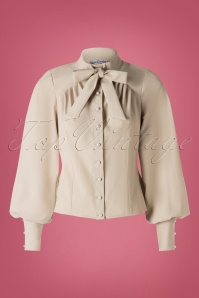 Miss Candyfloss - Evelyn Tie Blouse Années 40 en Rayures Fines Beige