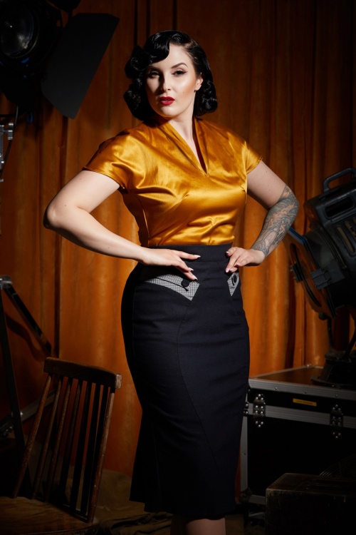 Miss Candyfloss - 50s Eszter Houndstooth Pencil Skirt in Dark Navy 2