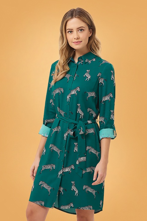 Sugarhill Brighton - Tally Dazzle Of Zebras Shirt Dress Années 70 en Vert Canard