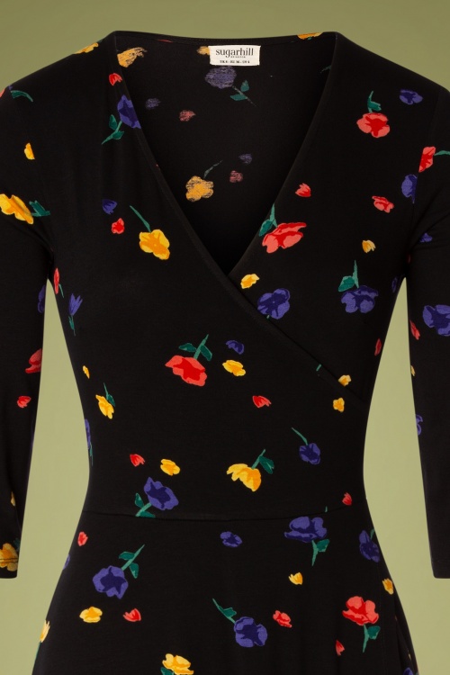 Sugarhill Brighton - Dulcie Painterly Floral Wrap Dress Années 60 en Noir 3