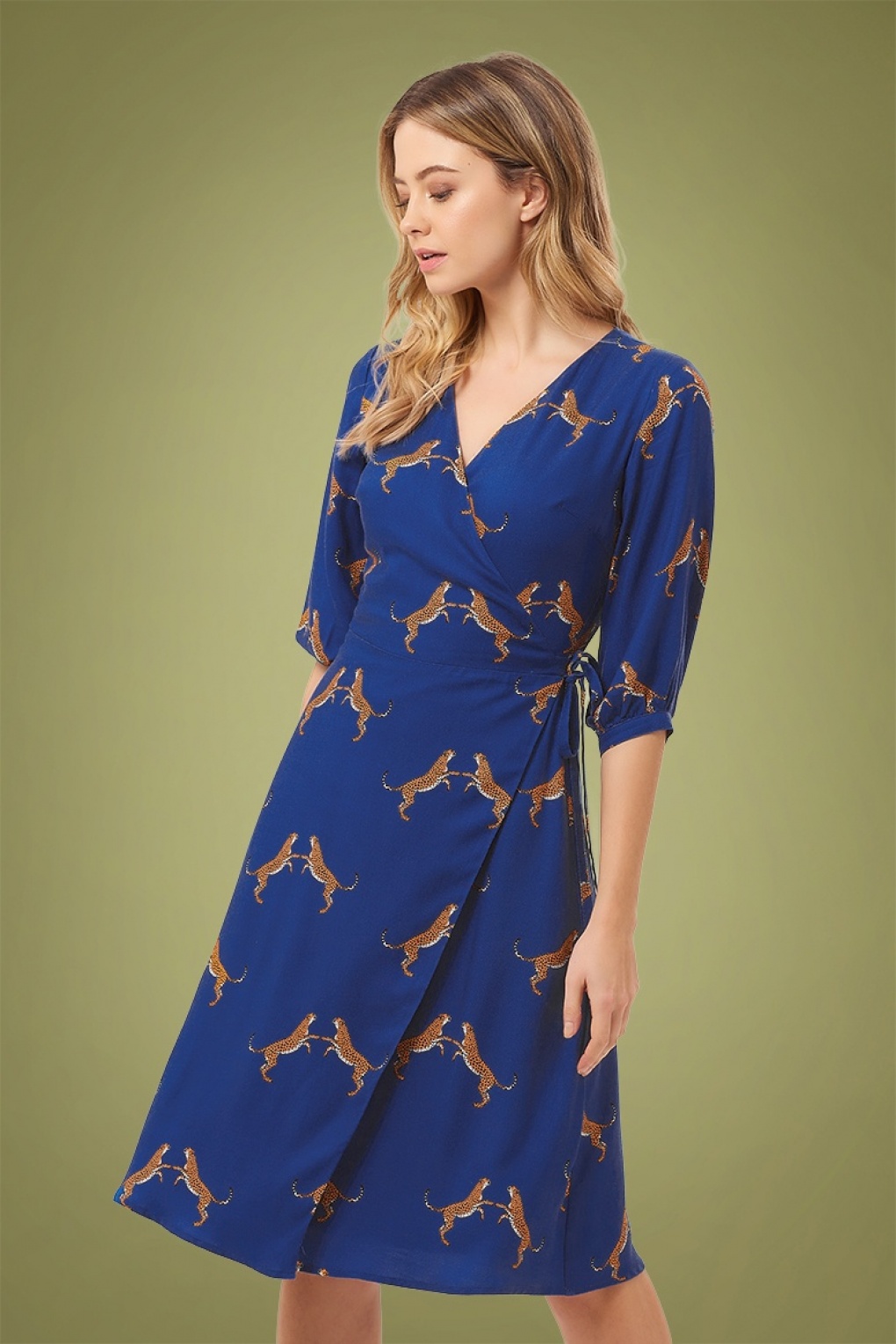 70s Aisha Dancing Cheetahs Wrap Dress In Royal Blue