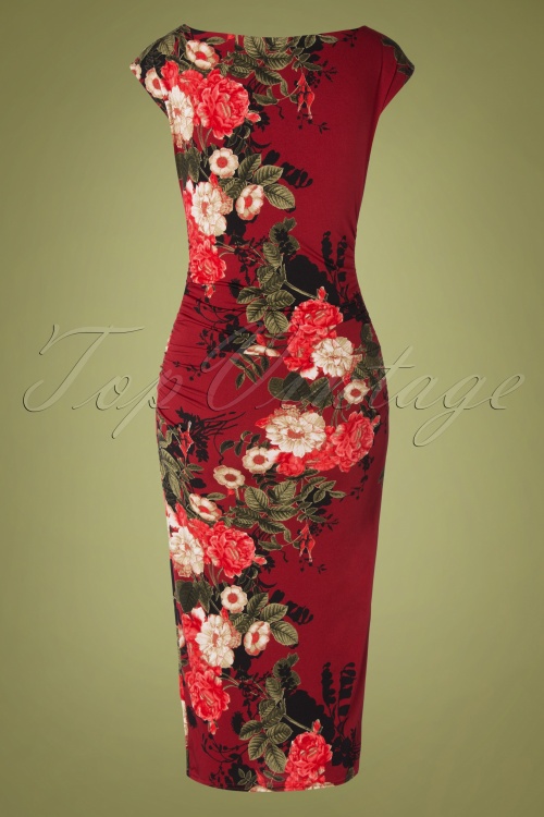 Vintage Chic for Topvintage - Jacintha Pencil Midi Dress Années 50 en Bordeaux Fleuri 3