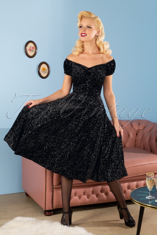 Collectif Clothing - 50s Dolores Glitter Drops Velvet Doll Dress in Black