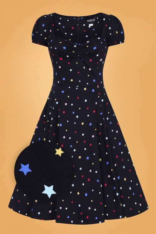 Collectif Clothing - 50s Mimi Rainbow Star Doll Dress in Black 2