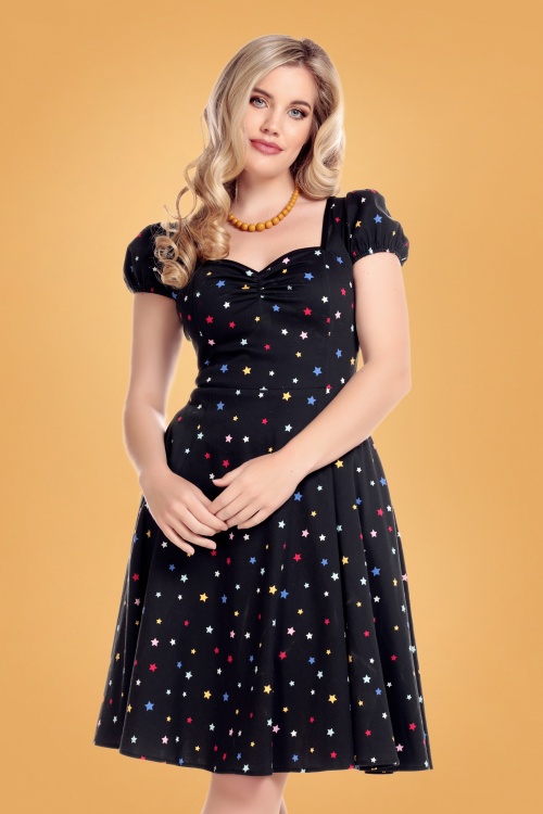 Collectif Clothing - 50s Mimi Rainbow Star Doll Dress in Black