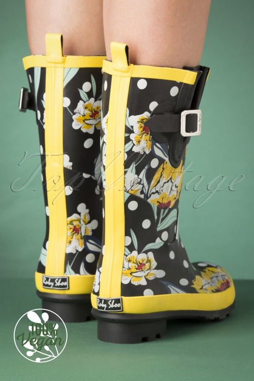Ruby Shoo - 60s Hermione Floral Wellington Boots in Black 2