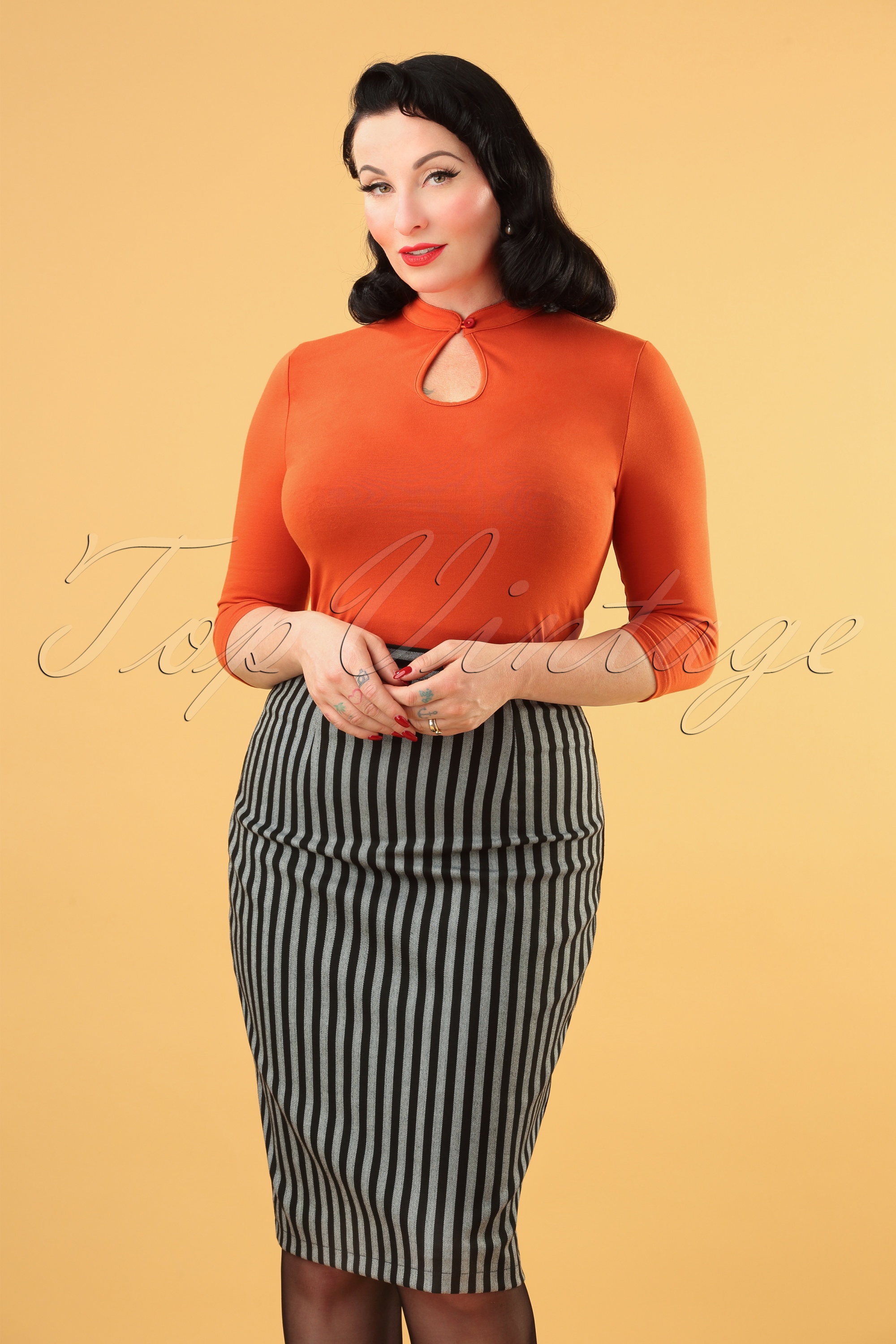 Banned Alternative 50s Tisha Stripes Pencil Skirt in Grey and Black Shop at Topvintage