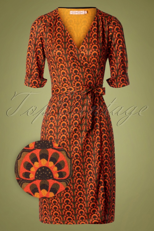 Traffic People - 70s It's a Wrap Dress in Green and Orange