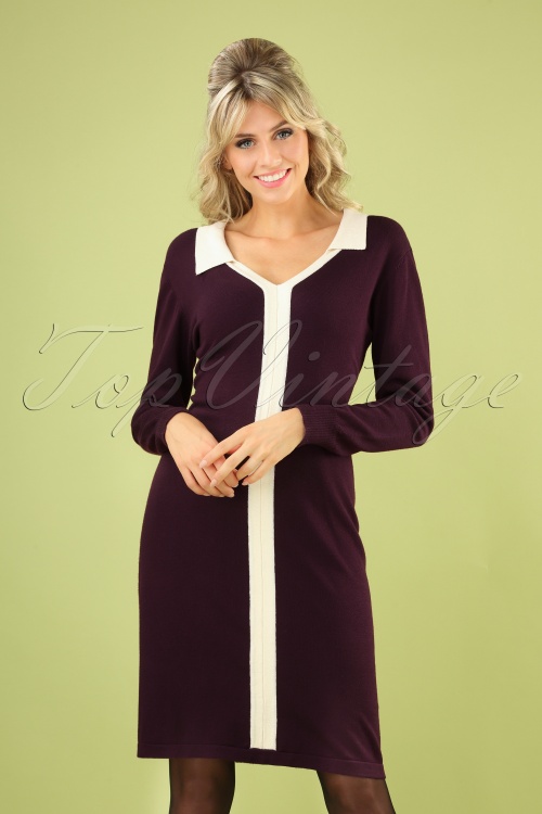 Banned Retro - Leuke trui-jurk met kraag in aubergine