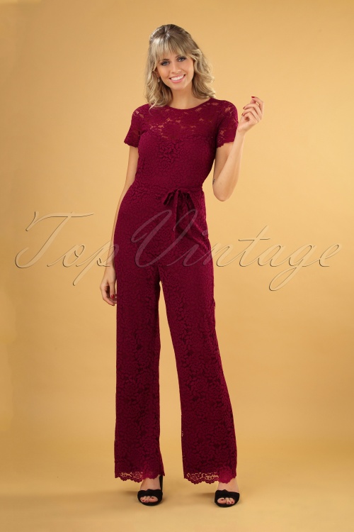 King Louie - 50s Betty Damask Jumpsuit in Cherise Red