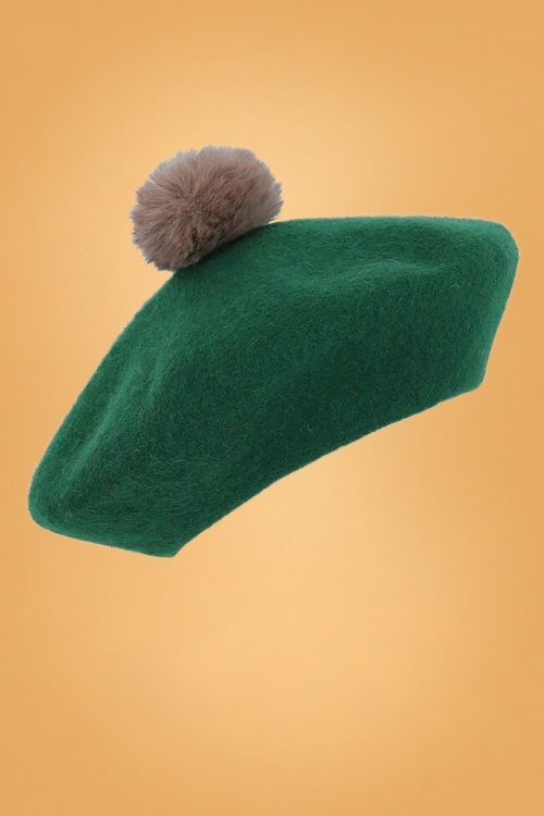 Collectif Clothing - 60s Samantha Pom Pom Wool Beret in Green