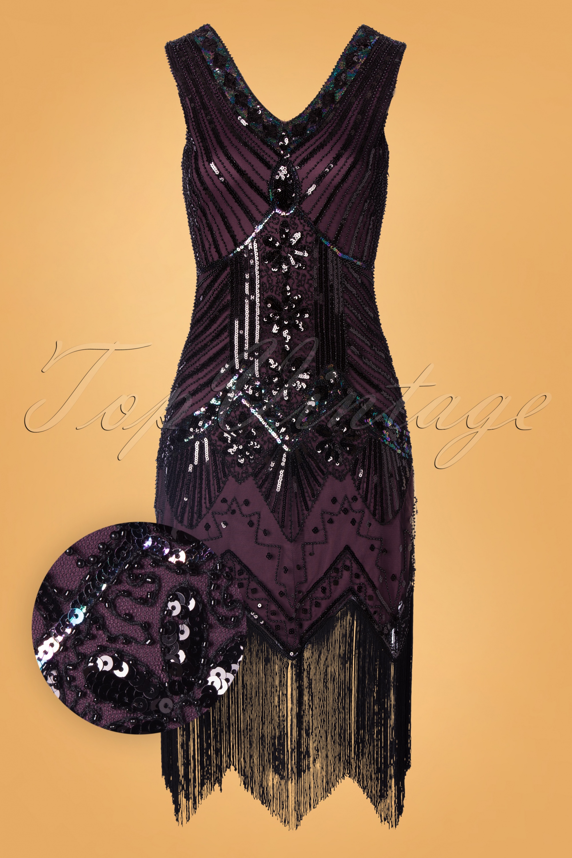 Unique Vintage 20s Veronique Fringe Flapper Dress in Metallic Purple Shop at Topvintage