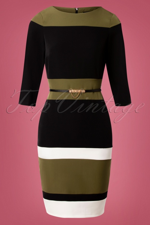 Paper Dolls - 60s Callow Colour Block Pencil Dress in Green and Black 2