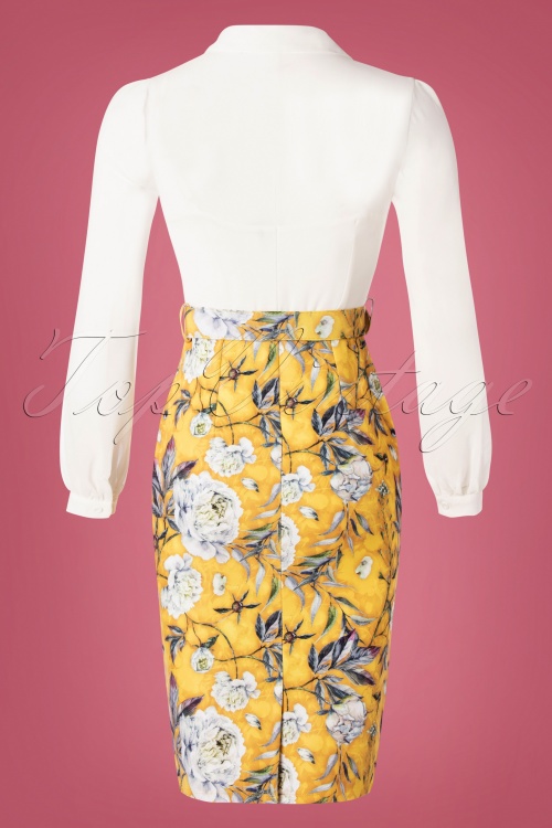 Paper Dolls - 60s Anjo Floral Pencil Dress in White and Mustard 2