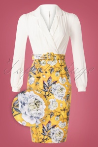 Paper Dolls - 60s Anjo Floral Pencil Dress in White and Mustard