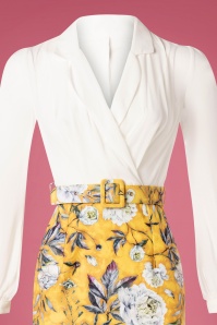 Paper Dolls - 60s Anjo Floral Pencil Dress in White and Mustard 3