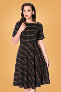 Banned Retro - 40s Check In Swing Dress in Blue and Brown