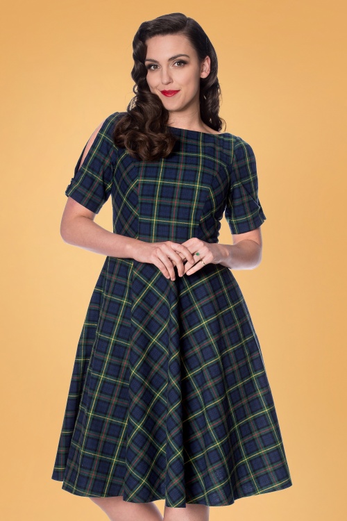 Banned Retro - 40s Check In Swing Dress in Green and Blue