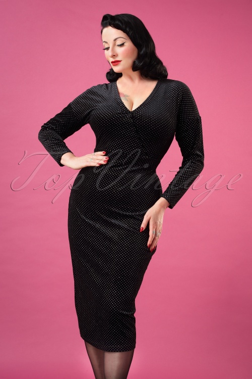 Banned Retro - 50s Metal Polka Velvet Pencil Dress in Black