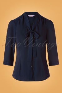 Banned Retro - 50s Perfect Bow Blouse in Midnight Blue