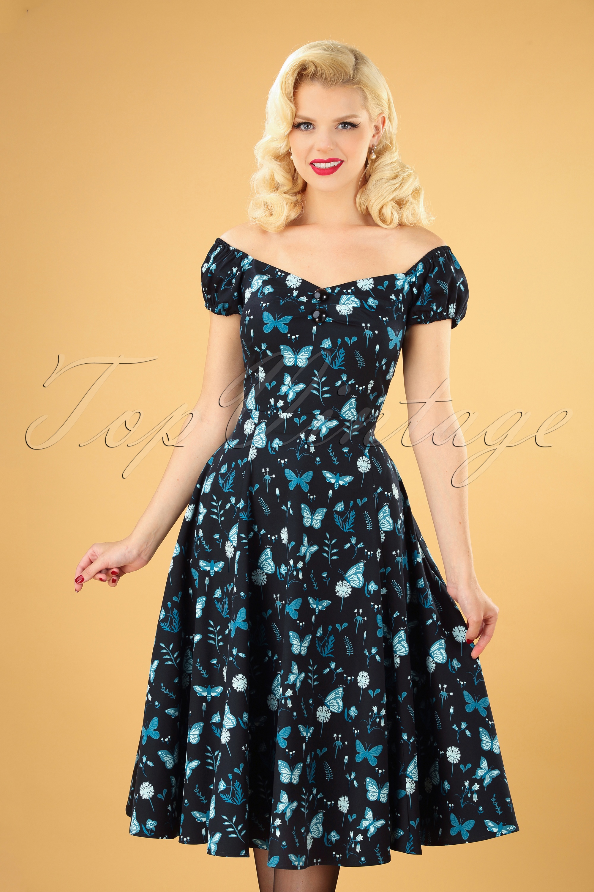 Collectif Clothing - Dolores Midnight Butterfly poppenjurk in zwart