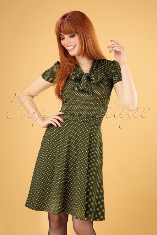 Retrolicious - 50s Debra Pin Dot Swing Dress in Olive Green