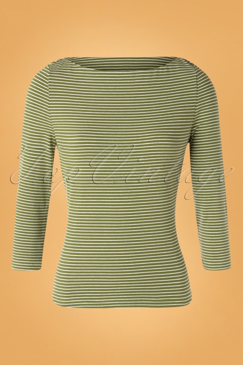 Banned Retro - 60s Jersey Stripes Top in Olive Green