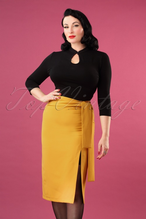 Banned Retro - 50s Francine Bow Pencil Skirt in Mustard