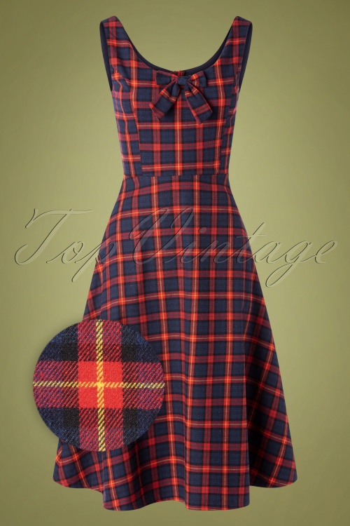 Banned Retro - 50s Christmas Check Dress in Navy and Red