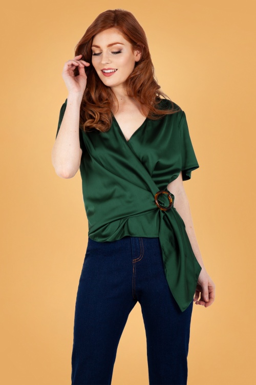 Vixen - 50s Nina Satin Wrap Blouse in Emerald Green