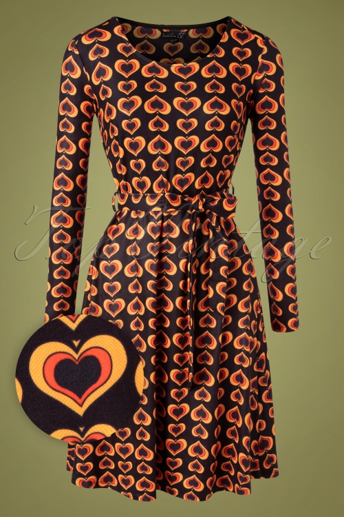 Smashed Lemon - 70s Hetty Hearts Dress in Black and Orange