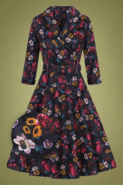 Collectif Clothing - 50s Penelope Midnight Floral Swing Dress in Black