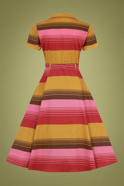 Collectif Clothing - Caterina Sunset Stripes swingjurk in mosterd en roze 5