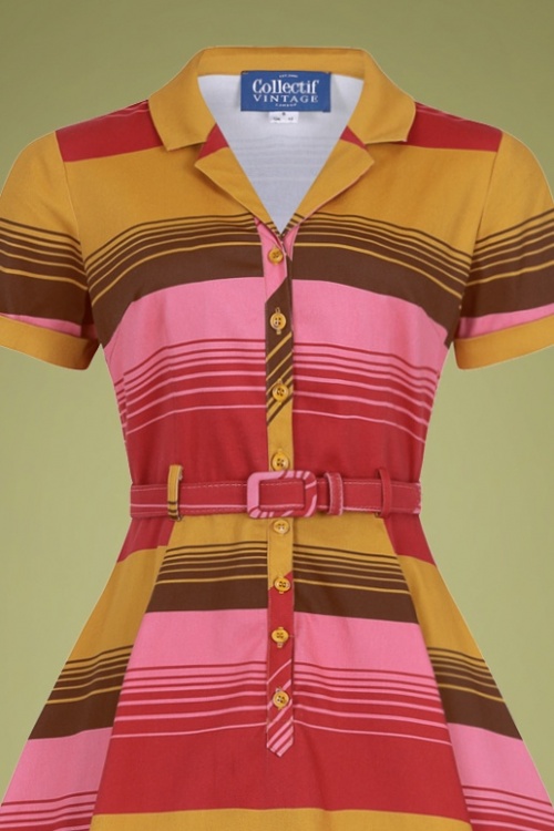 Collectif Clothing - 50s Caterina Sunset Stripes Swing Dress in Mustard and Pink 3