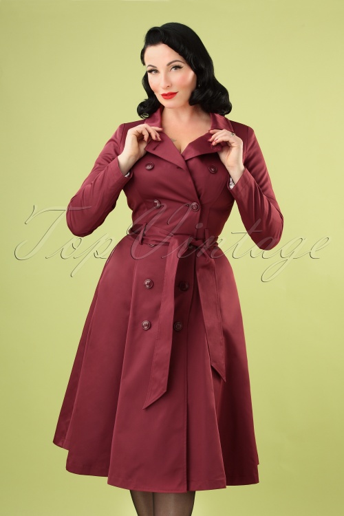 Collectif Clothing 40s Korrina Swing Trench Coat in Burgundy | Shop at ...