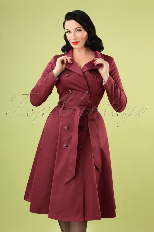 Collectif Clothing - Korrina Swing Trench Coat Années 40 en Bordeaux