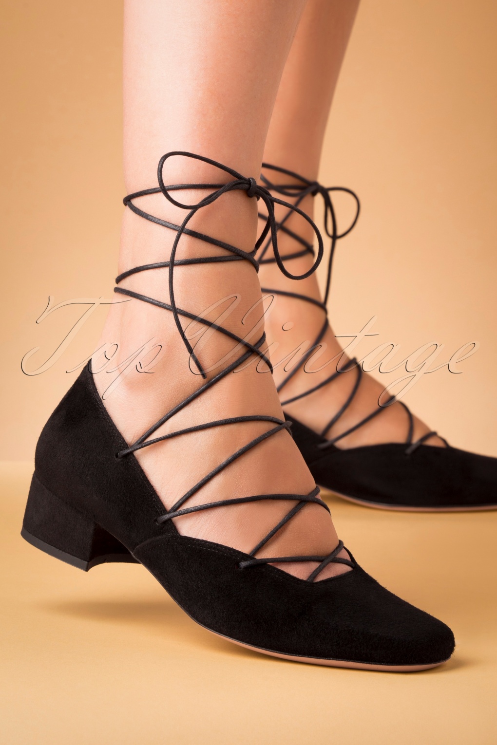 60s Suede Lace Up Ballerina Pumps in Black