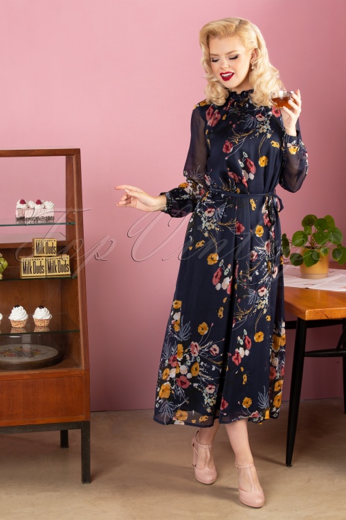 Md'M - 70s Meredith Floral Maxi Dress in Navy