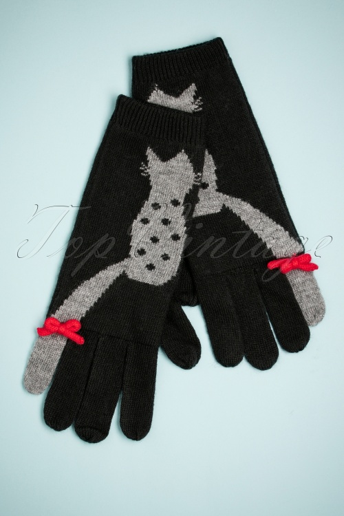 Alice - 60s Love Cats Jaquard Gloves in Black