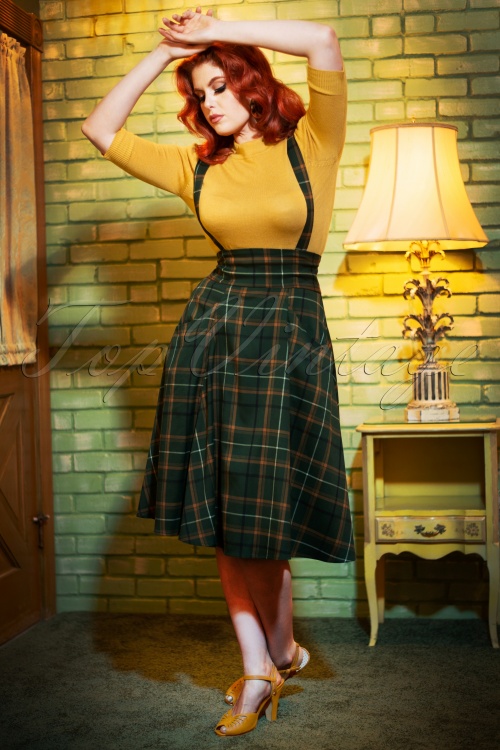 Collectif ♥ Topvintage - 50s Alexa Fife Check Swing Skirt in Green