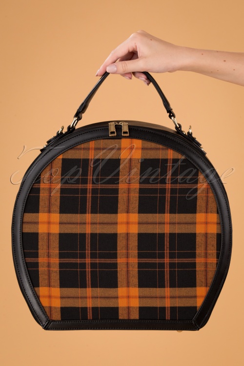 Collectif Clothing - 50s Alexandra Small Check Travel Bag in Black and Pumpkin