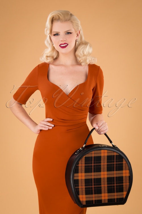 Collectif Clothing - 50s Alexandra Small Check Travel Bag in Black and Pumpkin 2