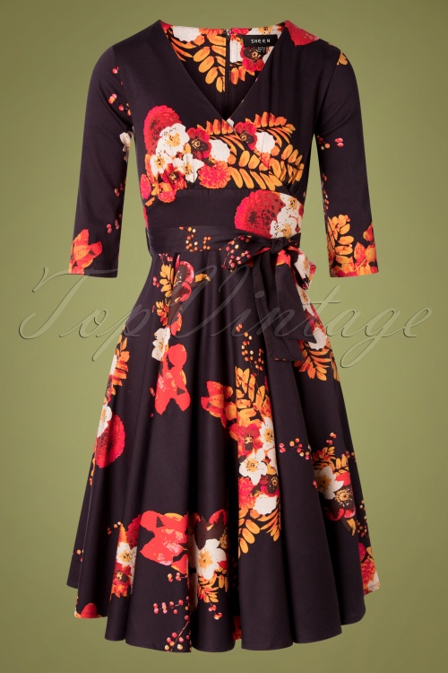 Timeless - 50s Saloni Floral Swing Dress in Dark Navy 2