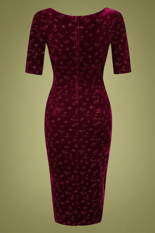 Collectif Clothing - Trixie Velvet Sparkle Pencil Dress Années 60 en Lie de Vin 5