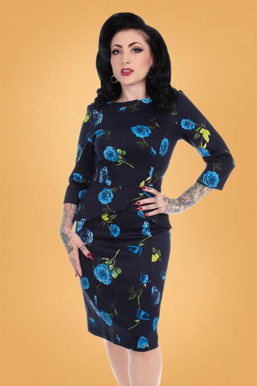 Hearts & Roses - 50s Melody Wiggle Dress in Navy 2